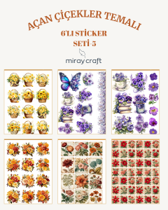 6 Sayfa Açan Çiçekler Temalı Sticker Seti – 12x17 cm Scrapbook, Bullet Journal, Planlayıcı İçin
