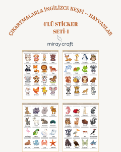 4 Sayfa Çıkartmalarla İngilizce Keşfi – Hayvanlar Temalı Eğitici Sticker Seti (12×17 cm)