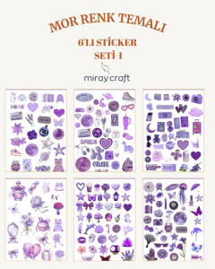 6 Sayfa Mor Renk Temalı Sticker Seti (12*17 cm)/Scrapbook, Bullet Journal, Planlayıcı İçin
