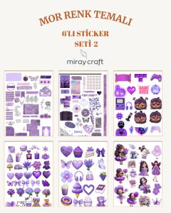 6 Sayfa Mor Renk Temalı Sticker Seti (12*17 cm)/Scrapbook, Bullet Journal, Planlayıcı İçin