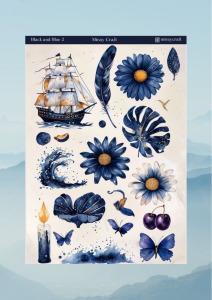 1 Adet Siyah ve Mavi Temalı Sticker – 12x17 cm Scrapbook, Bullet Journal, Planlayıcı İçin