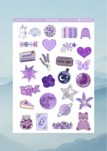 1 Sayfa Mor Renk Temalı 12*17 cm Sticker /Scrapbook, Bullet Journal, Planlayıcı, Defter İçin