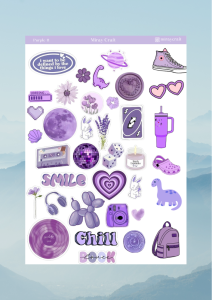 1 Sayfa Mor Renk Temalı 12*17 cm Sticker /Scrapbook, Bullet Journal, Planlayıcı, Defter İçin