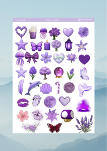 1 Sayfa Mor Renk Temalı 12*17 cm Sticker /Scrapbook, Bullet Journal, Planlayıcı, Defter İçin
