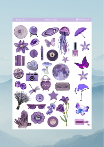 1 Sayfa Mor Renk Temalı 12*17 cm Sticker /Scrapbook, Bullet Journal, Planlayıcı, Defter İçin