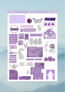 1 Sayfa Mor Renk Temalı 12*17 cm Sticker /Scrapbook, Bullet Journal, Planlayıcı, Defter İçin