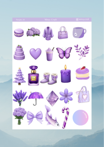 1 Sayfa Mor Renk Temalı 12*17 cm Sticker /Scrapbook, Bullet Journal, Planlayıcı, Defter İçin