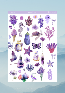 1 Sayfa Mor Renk Temalı 12*17 cm Sticker /Scrapbook, Bullet Journal, Planlayıcı, Defter İçin