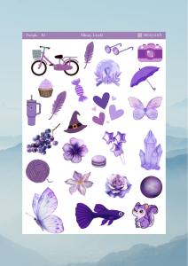 1 Sayfa Mor Renk Temalı 12*17 cm Sticker /Scrapbook, Bullet Journal, Planlayıcı, Defter İçin