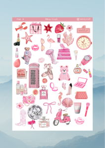 1 Sayfa Pembe Renk Temalı 12*17 cm Sticker /Scrapbook, Bullet Journal, Planlayıcı, Defter İçin