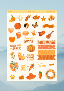 1 Sayfa Turuncu Renk Temalı 12*17 cm Sticker /Scrapbook, Bullet Journal, Planlayıcı, Defter İçin