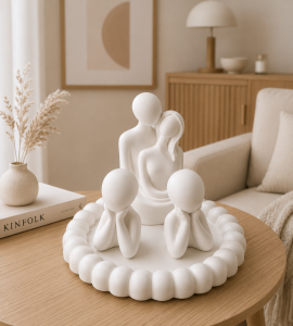 Aile Temalı 2 Çocuklu Biblo Seti Bubble Tabaklı – Modern Dekoratif 4 Parça Biblo Seti 11 cm Çift & 14 cm Bubble Tabak