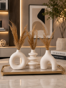 3’lü Modern Seramik Görünümlü Dekoratif Vazo Seti – Pampas Uyumlu İskandinav Salon Dekoru