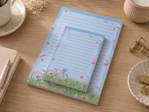 2’li Bahar Bisikleti Notepad Seti A4 ve A5 – Çiçekli Çizgili Not Kağıdı, Masaüstü Planlama ve Günlük Notluk