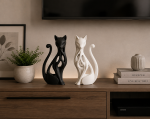2'li Modern Dekoratif Kedi Biblo Seti - Siyah Beyaz Sanat Objesi - 17 cm