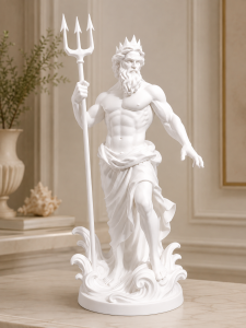 Poseidon Heykeli Beyaz 3D Plastik Dekoratif Biblo | Üç Dişli Mızraklı Yunan Mitolojisi Heykeli | TV Ünitesi Masaüstü Dekor (6cmx18cm)