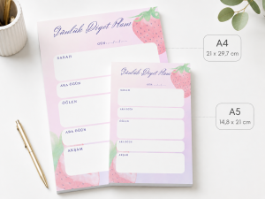Günlük Diyet Planı A4 + A5 Notepad Seti – Çilek Temalı Beslenme ve Öğün Takip Planlayıcı Bloknot (50 syf)