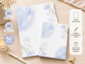 Mavi Çiçek Desenli 2'li Set (A4-A5) Notepad - Not Defteri - Bloknot