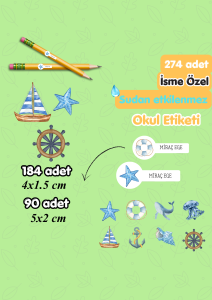 274 Adet İsme Özel Suya Dayanıklı Okul Etiketi Seti | Deniz Temalı Kalem Defter Matara İsim Etiketi