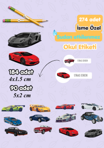 Okul Etiketi 274 Adet Araba Temalı-Kişiye Özel Sudan Etkilenmez Yırtılmaz- İsminize Özel Hazır Okul Etiketi