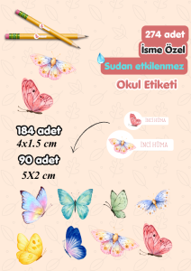 Okul Etiketi 274 Adet Kelebek Temalı-Kişiye Özel Sudan Etkilenmez Yırtılmaz- İsminize Özel Hazır Okul Etiketi