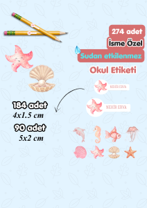 Okul Etiketi 274 Adet Pembe Deniz Temalı-Kişiye Özel Sudan Etkilenmez Yırtılmaz- İsminize Özel Hazır Okul Etiketi