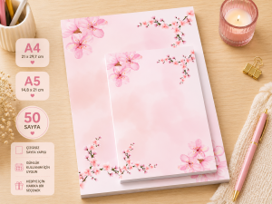 Pembe Çiçekli Temalı 2'li Set (A4-A5) Notepad - Not Defteri - Bloknot