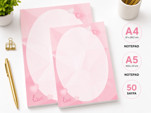 Pembe Kalp Temalı 2'li Set (A4-A5) Notepad - Not Defteri - Bloknot